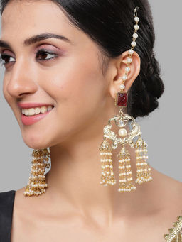 Karatcart - Red Carved Stone and Pearl Kundan Kaanchain Drop Earring for Women