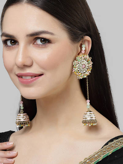 Gold Plated Multicolor Crystal Studded Kundan Kaanchain Jhumki Earrings