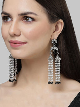 Karatcart - Silver Black Crystal and Pearl Kundan Drop Earrings for Women