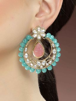 Karatcart - Gold Plated Pink Carved Stone Blue Beads Drop Earrings