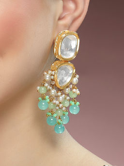 Karatcart - Gold Plated Aqua Beads Kundan Drop Earrings for Women