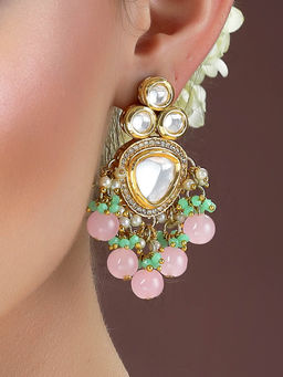 Karatcart - Gold Plated Pink Beads Lime Green Crystals Kundan Drop Earrings for Women