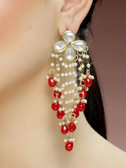 Karatcart - Gold Plated Red Tumble Kundan Tassel Earrings for Women