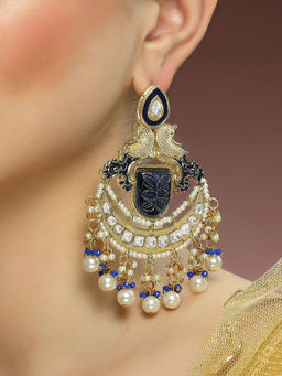Karatcart - Gold Plated Blue Carved Stone Kundan Chandbali Earrings for Women