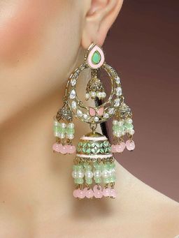 Karatcart - Gold Plated Pink and Lime Green Beads Kundan Dangler Earrings for Women