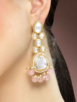 Karatcart - Gold Plated Pink Beads Kundan Drop Earrings for Women