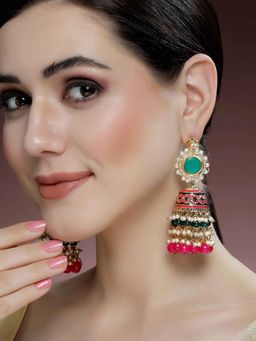 Karatcart - Gold Plated Green and Red Meena Polki Kundan Jhumki Earrings for Women