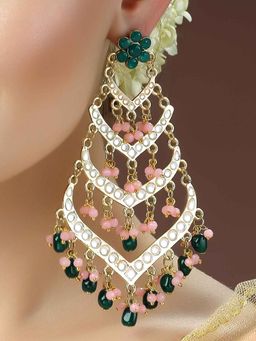Karatcart - Gold Plated Green Tumble Pink Crystal Kundan Drop Earrings for Women