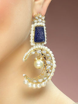 Karatcart - Gold Plated Blue Carved Stone Pearl Beaded Moon Shape Kundan Drop Earrings