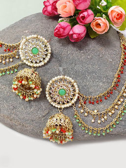 Karatcart - Gold Plated Kundan Multi-Color Jhumki Kaanchain Earrings for Women