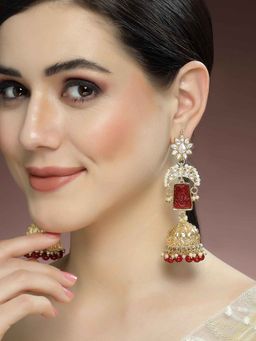 Karatcart - Gold Plated Red Carved Stone Kundan Jhumki Drop Earrings for Women