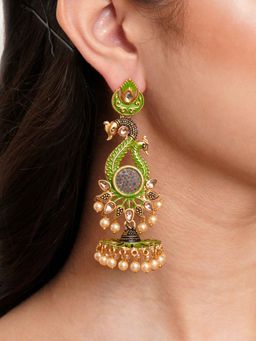 Karatcart - Antique Gold Plated Kundan Studded Light Green Meena Peacock Flat Jhumki Earrings