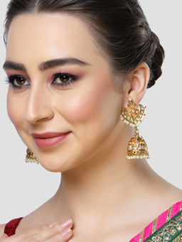 Karatcart - Gold Plated Floral Design Peach Kundan Studded Jhumki Earrings for Women
