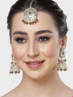 Karatcart - Gold Plated Mirror and Grey Bead Studded Round Jhumki Earrings & Maangtikka