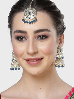 Karatcart - Gold Plated Mirror and Navy Blue Bead Studded Round Jhumki Earrings & Maangtikka