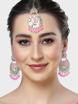 Karatcart - Gold Plated Mirror and Pink Beads Studded Dangler Earrings & Maangtikka