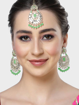 Karatcart - Gold Plated Mirror and Light Green Beads Studded Dangler Earrings & Maangtikka