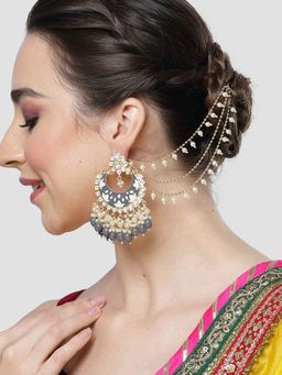 Karatcart - Gold Plated Grey Meena Pearl and Tumble Studded Kundan Kaanchain Earrings for Women