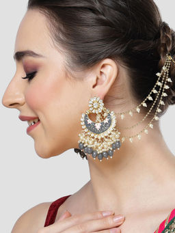 Karatcart - Gold Plated Grey Meena Pearl and Tumble Studded Kundan Kaanchain Earrings
