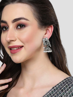 Karatcart - Oxidised Silver Black Stone Jhumki Earrings for Women