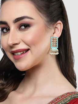 Karatcart - Gold Plated Aqua Pearl Kundan Drop Earrings for Women