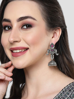 Karatcart - Elephant Design Oxidised Silver Pink Stone Flat Jhumki Earrings for Women