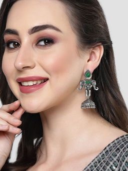 Karatcart - Elephant Design Oxidised Silver Green Stone Flat Jhumki Earrings for Women