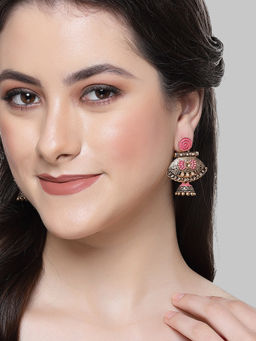 Karatcart - Gold Plated Pink Meena Pearl Kundan Drop Jhumki Earrings for Women