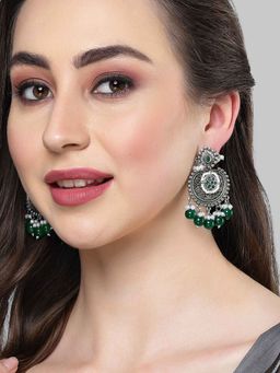 Karatcart - Oxidised Silver Green Beads Floral Drop Earrings for Women