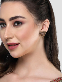 Karatcart - Antique Gold Plated Maroon Meena Triangular Stud Earrings for Women