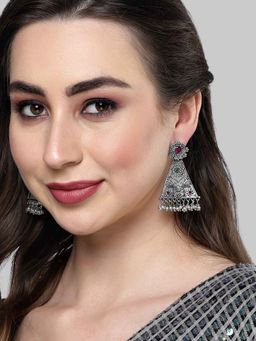 Karatcart - Oxidised Silver Pink and Green Stone Floral Design Drop Earring for Women