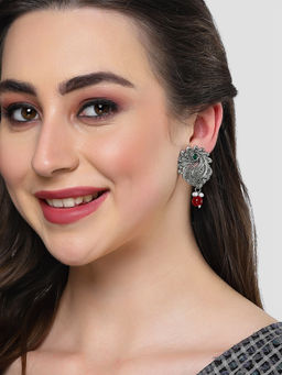 Karatcart - Oxidised Silver Green Stone Red Bead Drop Earring for Women