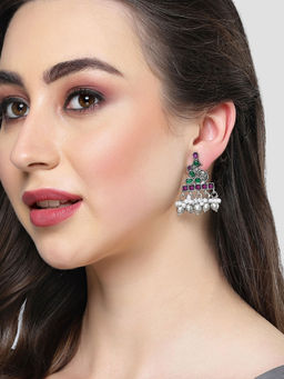 Karatcart - Oxidised Silver Peacock Design Pink and Green Stone Drop Earring for Women