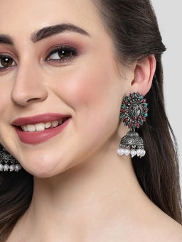 Karatcart - Oxidised Silver Red and Green Stone Jhumki Earring for Women