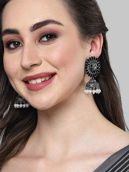 Karatcart - Oxidised Silver Black Stone Studded Jhumki Earring for Women