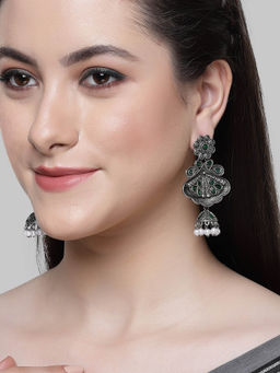 Karatcart - Floral Oxidised Silver Green Stone Dangler Earring for Women