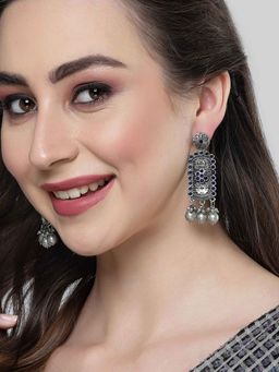 Karatcart - Oxidised Silver Floral Blue Stone Drop Earring for Women