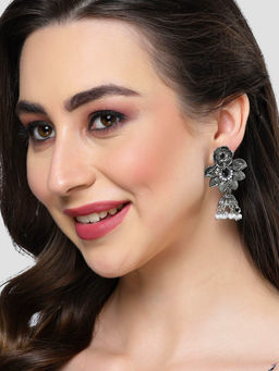 Karatcart - Oxidised Silver Floral Design Black Stone Dangler Earring for Women