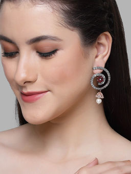 Karatcart - Rose Gold Plated Floral Design Red Cz Stone Dangler Earrings for Women