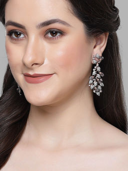 Karatcart - Black and Rose Gold Plated Floral Design Grey Cz Stone Dangler Earrings for Women