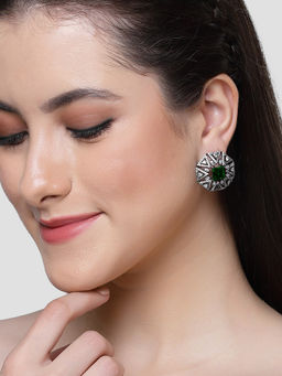 Karatcart - Silver Plated Green Cubic Zirconia Stud Earrings for Women