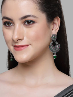 Karatcart - Oxidised Silver Drop Shape Peacock Purple and Green Stone Dangler Earring for Women