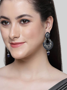 Karatcart - Oxidised Silver Drop Shape Peacock Blue Stone Dangler Earring for Women