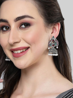 Karatcart - Oxidised-Silver Red and Green Stone Jhumki Earring for Women