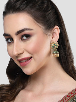 Karatcart - Gold Plated Green Meena and Kundan Jhumki Earrings for Women