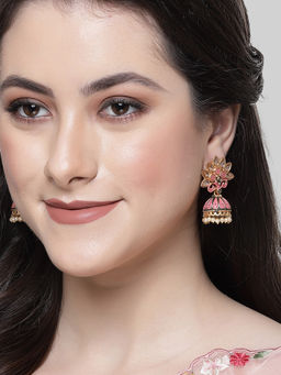 Karatcart - Gold Plated Pink Meena and Kundan Jhumki Earrings for Women