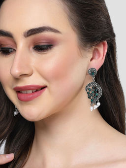 Karatcart - Oxidised Silver Green Stone Drop Earring for Women