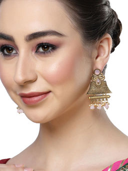 Karatcart - Gold Plated Pink Crystal Studded Engraved Dangler Earrings for Women