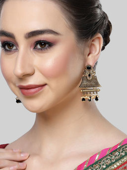 Karatcart - Gold Plated Black Crystal Studded Engraved Dangler Earrings for Women