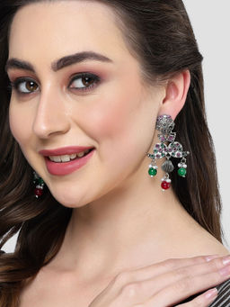Karatcart - Oxidised Silver Purple and Green Stone Dangler Earring for Women